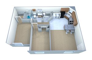 A 3D image of a house layout with two bedrooms, a living room, a kitchen, and a bathroom.